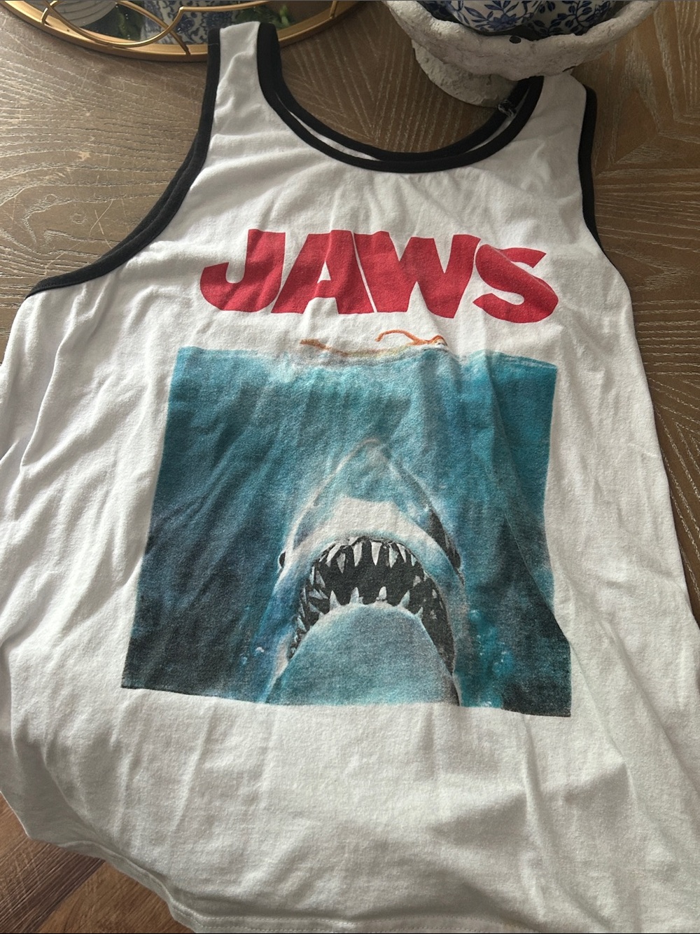 JAWS Graphic Tank Top in White with Black Trim Men’s Medium